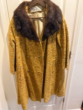 Lilli Ann Mustard Yellow Brocade Pea Coat with Brown Fur Collar